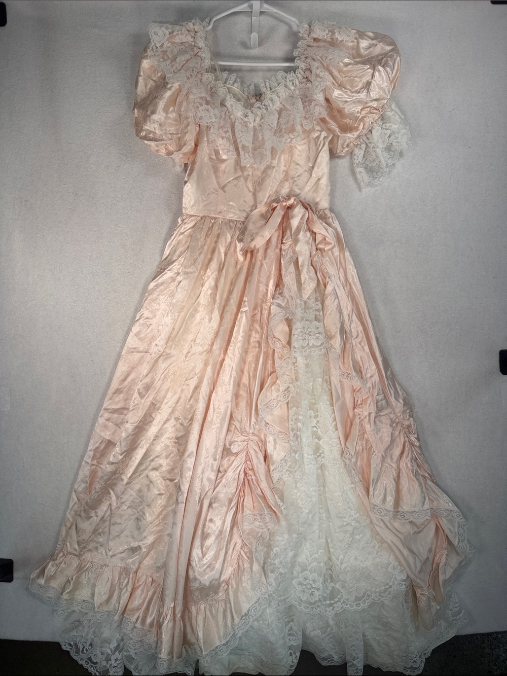 Vintage 80’s Night Moves Puff Sleeve Lace-Trim Prom Dress